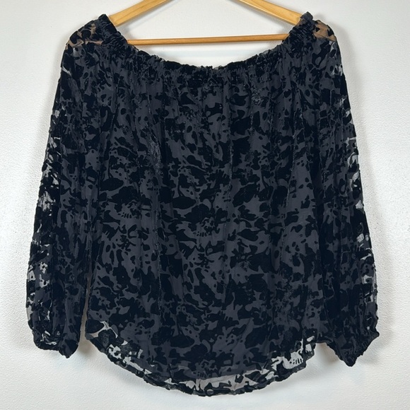 Rock & Republic Black Top Burn Out Velvet Gathered Neck Dark Whimsigoth Y2K M - Picture 5 of 9